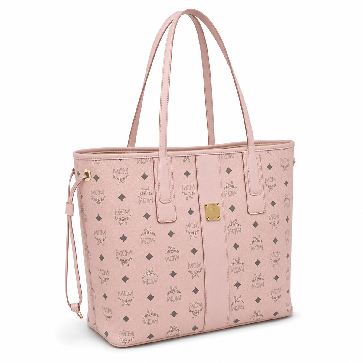 MCM peach pink all-over monogram canvas bag with detachable clutch drawstring adjustable handle versatile for carrying on the shoulder crossbody or as a single shoulder bag