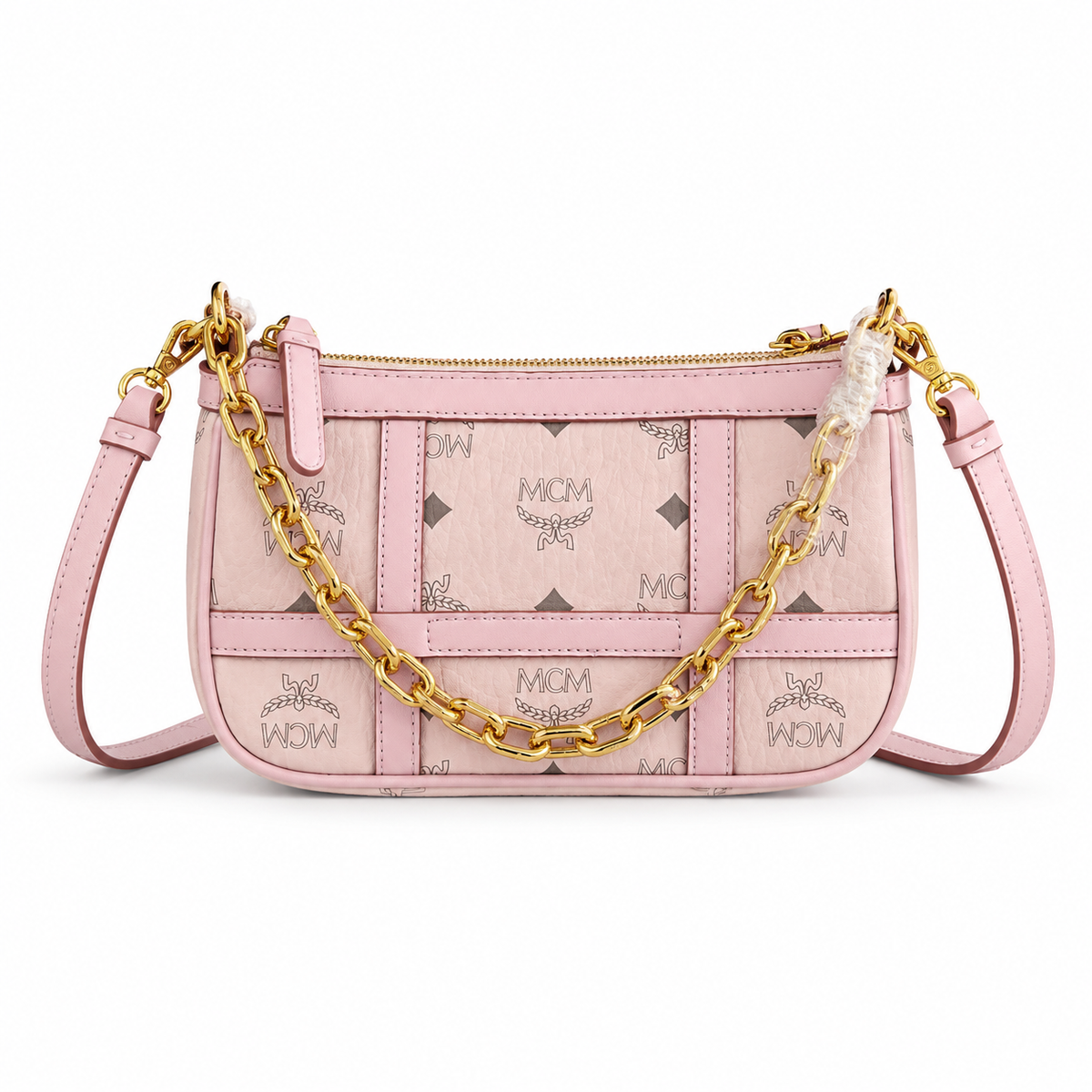 MCM monogram canvas bag with a chunky gold chain adjustable shoulder strap versatile for shoulder crossbody or underarm wear