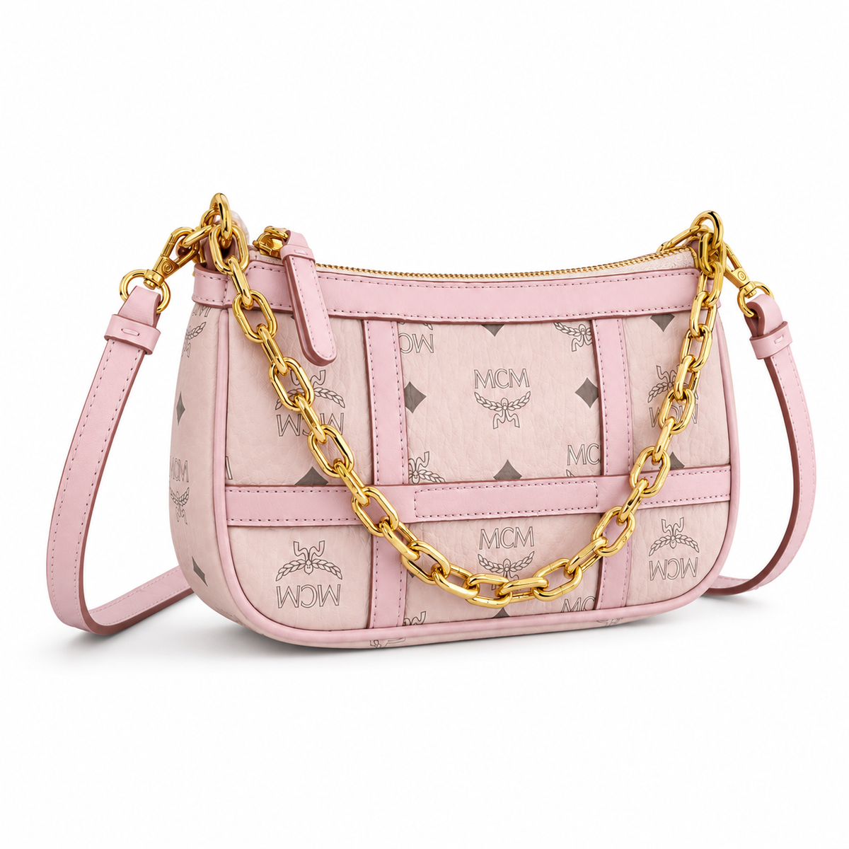 MCM monogram canvas bag with a chunky gold chain adjustable shoulder strap versatile for shoulder crossbody or underarm wear