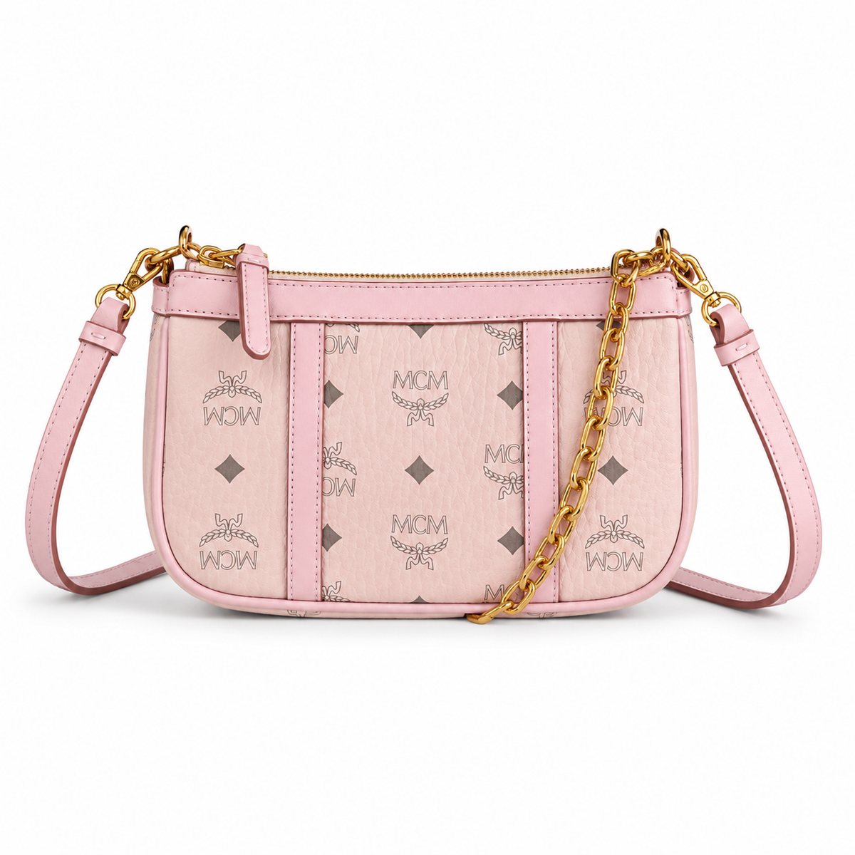 MCM monogram canvas bag with a chunky gold chain adjustable shoulder strap versatile for shoulder crossbody or underarm wear