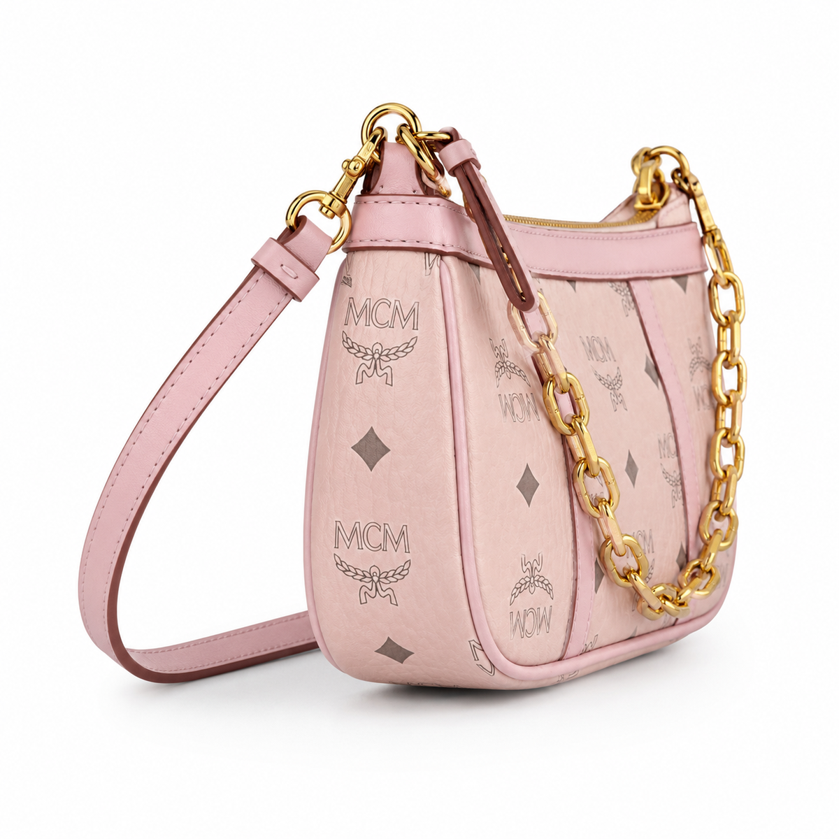 MCM monogram canvas bag with a chunky gold chain adjustable shoulder strap versatile for shoulder crossbody or underarm wear