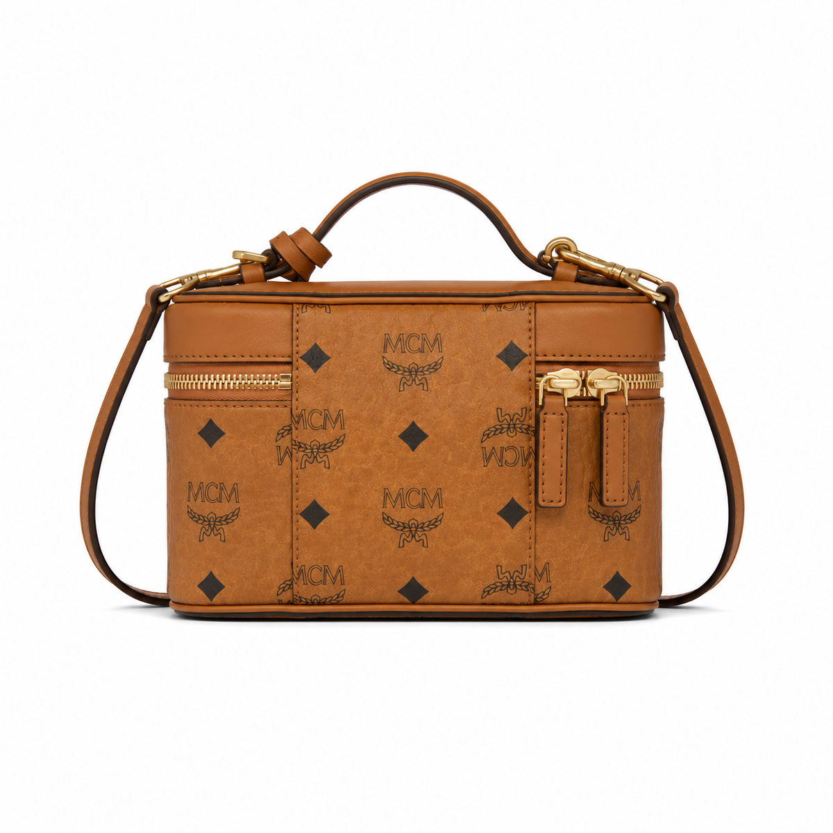 MCM Cognac-colored all-over monogram canvas bag with adjustable shoulder strap can be carried by hand over the shoulder or crossbody