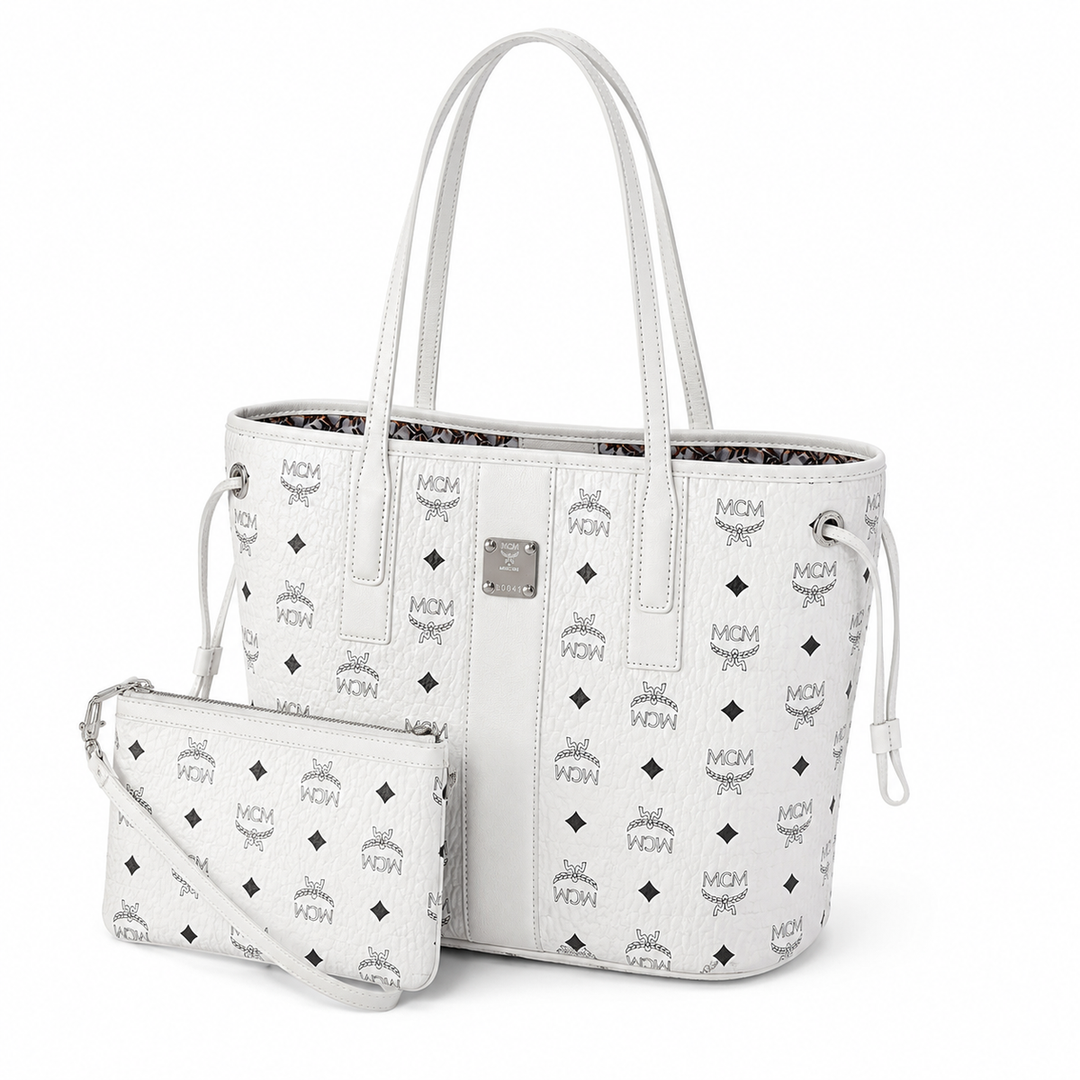 MCM monogram canvas bag with detachable clutch drawstring adjustable handle versatile for carrying shoulder or crossbody
