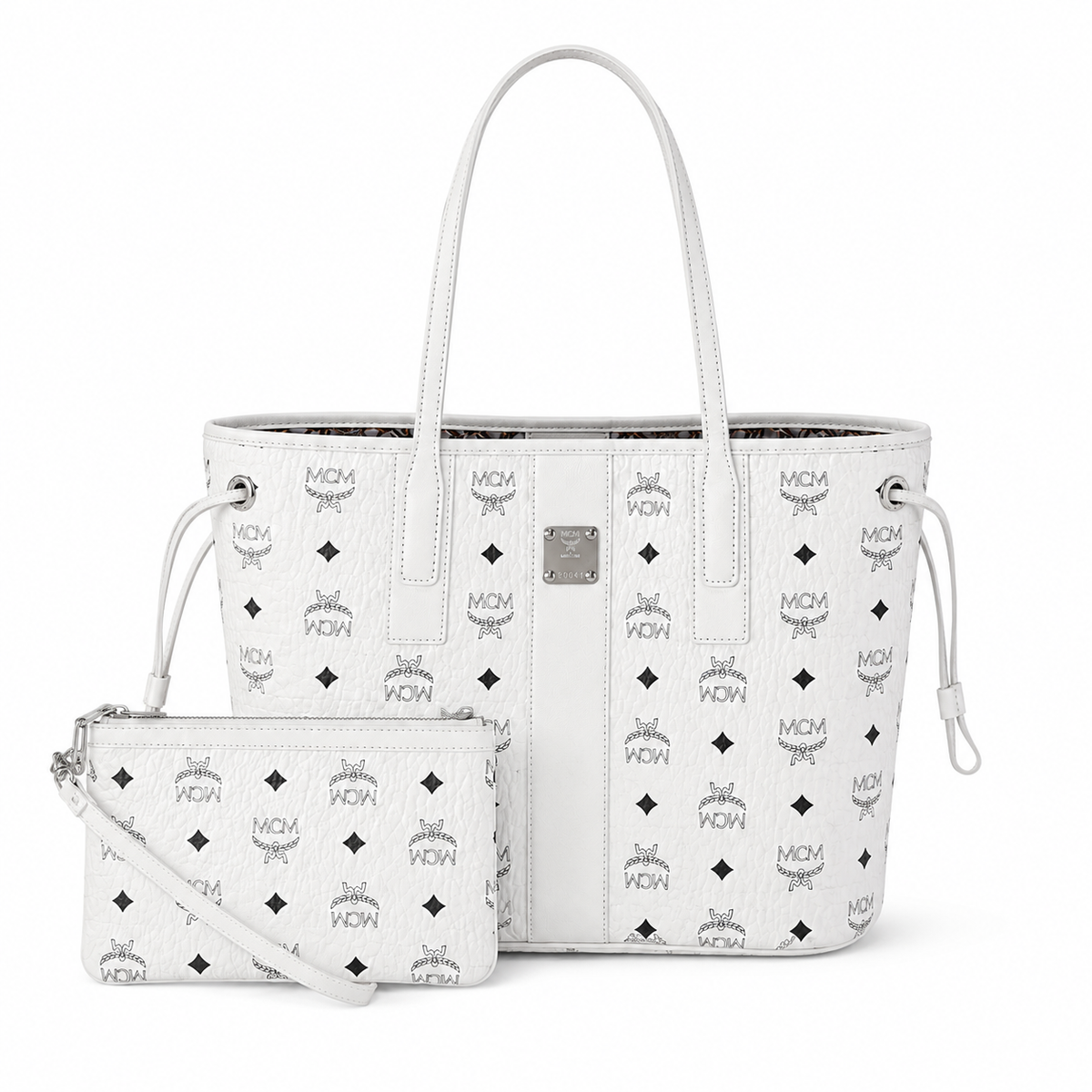 MCM monogram canvas bag with detachable clutch drawstring adjustable handle versatile for carrying shoulder or crossbody