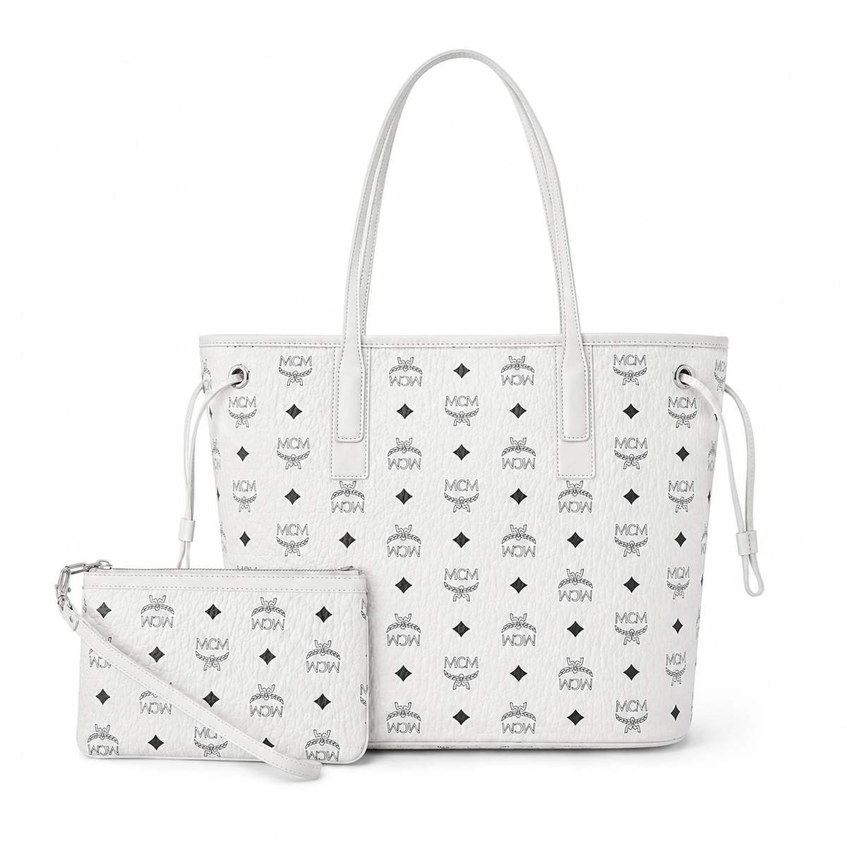 MCM monogram canvas bag with detachable clutch drawstring adjustable handle versatile for carrying shoulder or crossbody