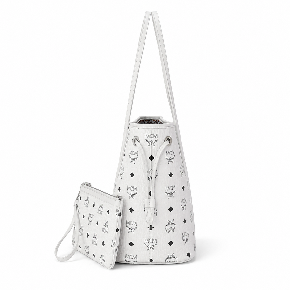MCM monogram canvas bag with detachable clutch drawstring adjustable handle versatile for carrying shoulder or crossbody