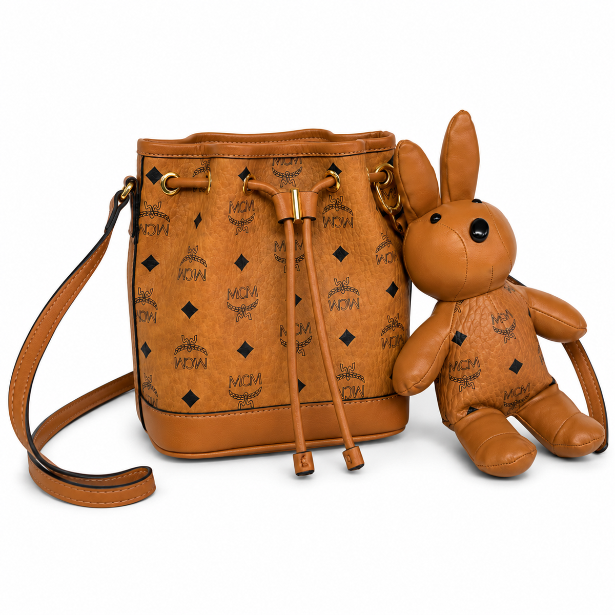 MCM Cognac-colored all-over monogram canvas bag with detachable bunny plush toy drawstring closure mini bucket bag for women