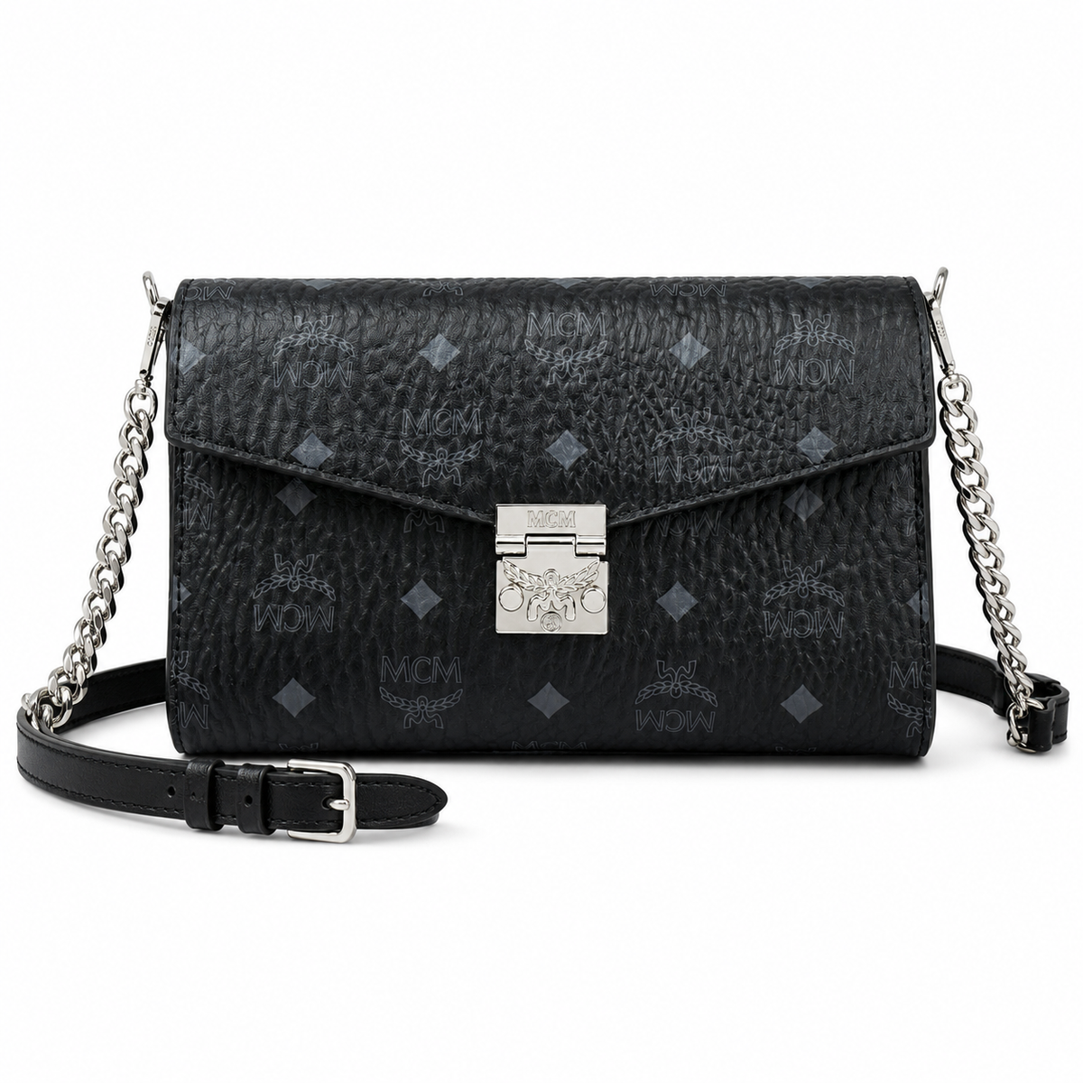 MCM monogram canvas with silver clasp adjustable shoulder strap versatile for single shoulder or crossbody wear