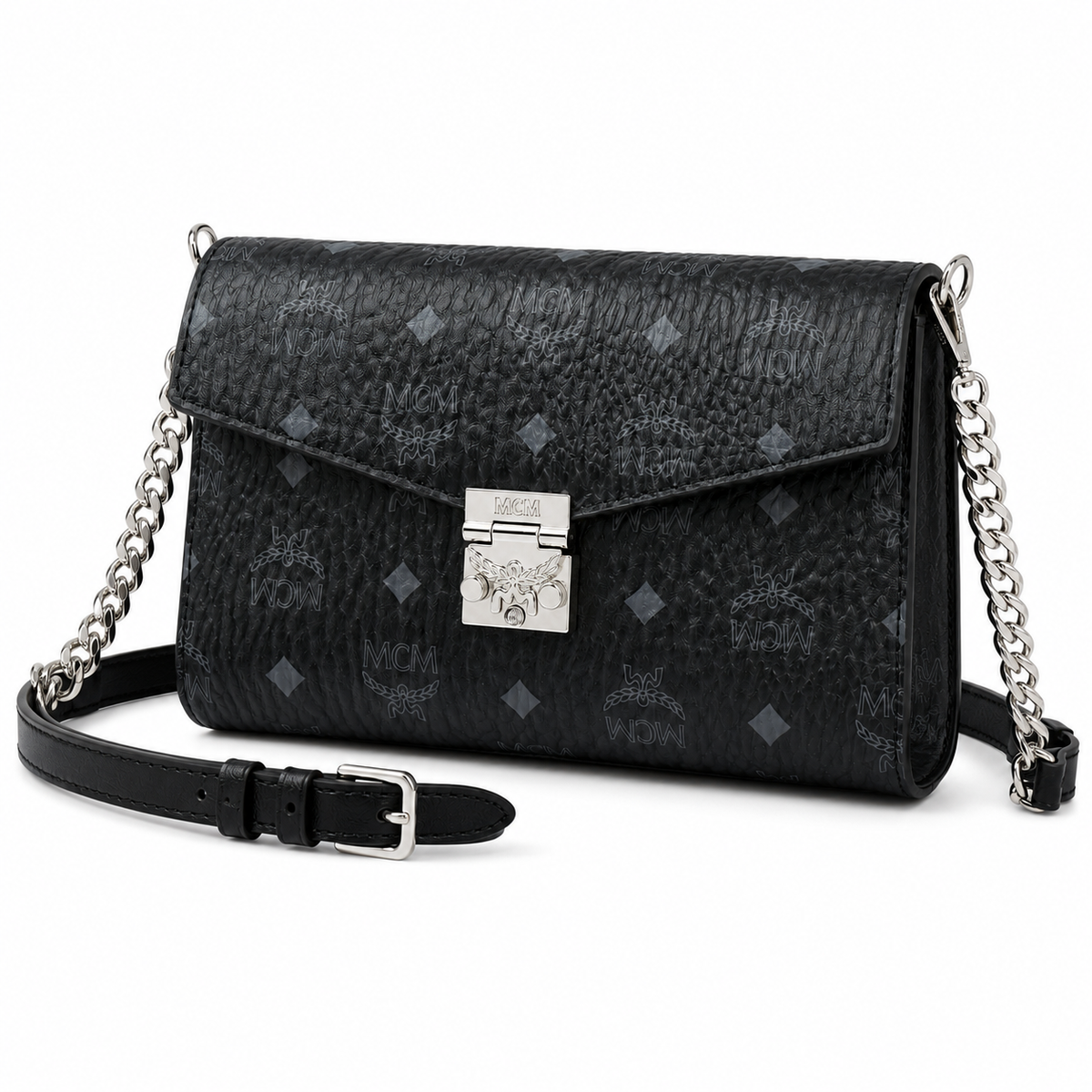 MCM monogram canvas with silver clasp adjustable shoulder strap versatile for single shoulder or crossbody wear