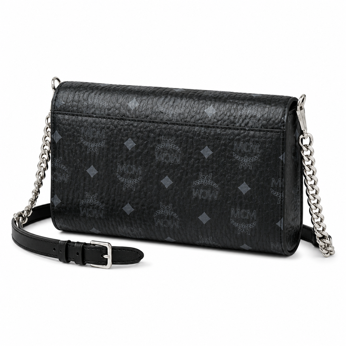 MCM monogram canvas with silver clasp adjustable shoulder strap versatile for single shoulder or crossbody wear