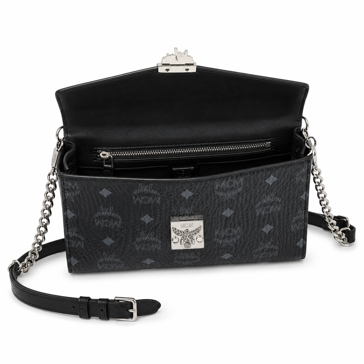 MCM monogram canvas with silver clasp adjustable shoulder strap versatile for single shoulder or crossbody wear