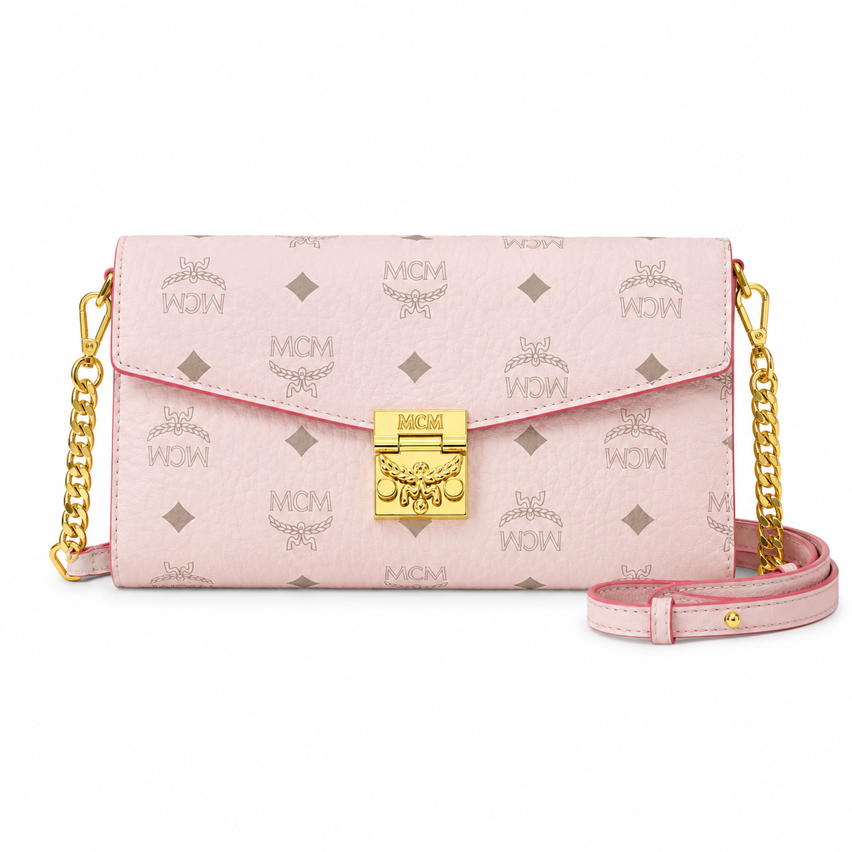 MCM monogram canvas with gold laurel leaf clasp detachable shoulder strap versatile women's bag for single shoulder or crossbody wear