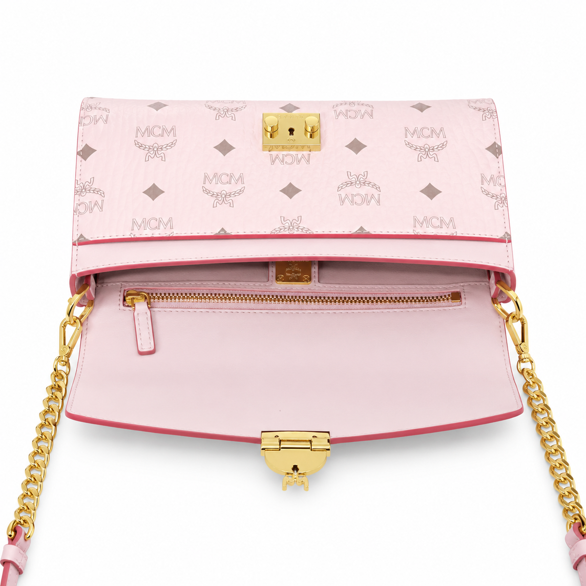 MCM monogram canvas with gold laurel leaf clasp detachable shoulder strap versatile women's bag for single shoulder or crossbody wear