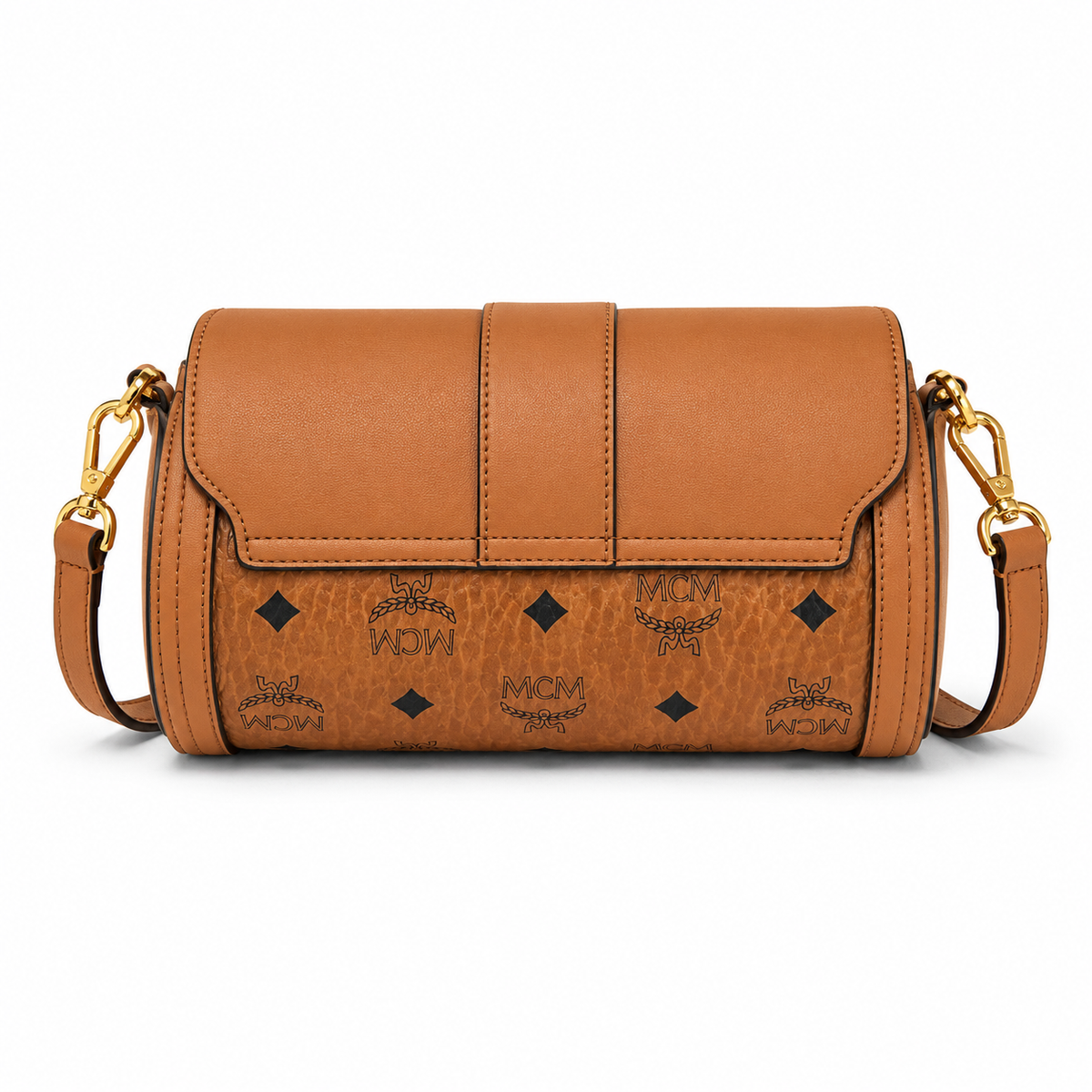 MCM monogram canvas with gold laurel leaf clasp, adjustable shoulder strap, versatile women's bag for single shoulder or crossbody wear.