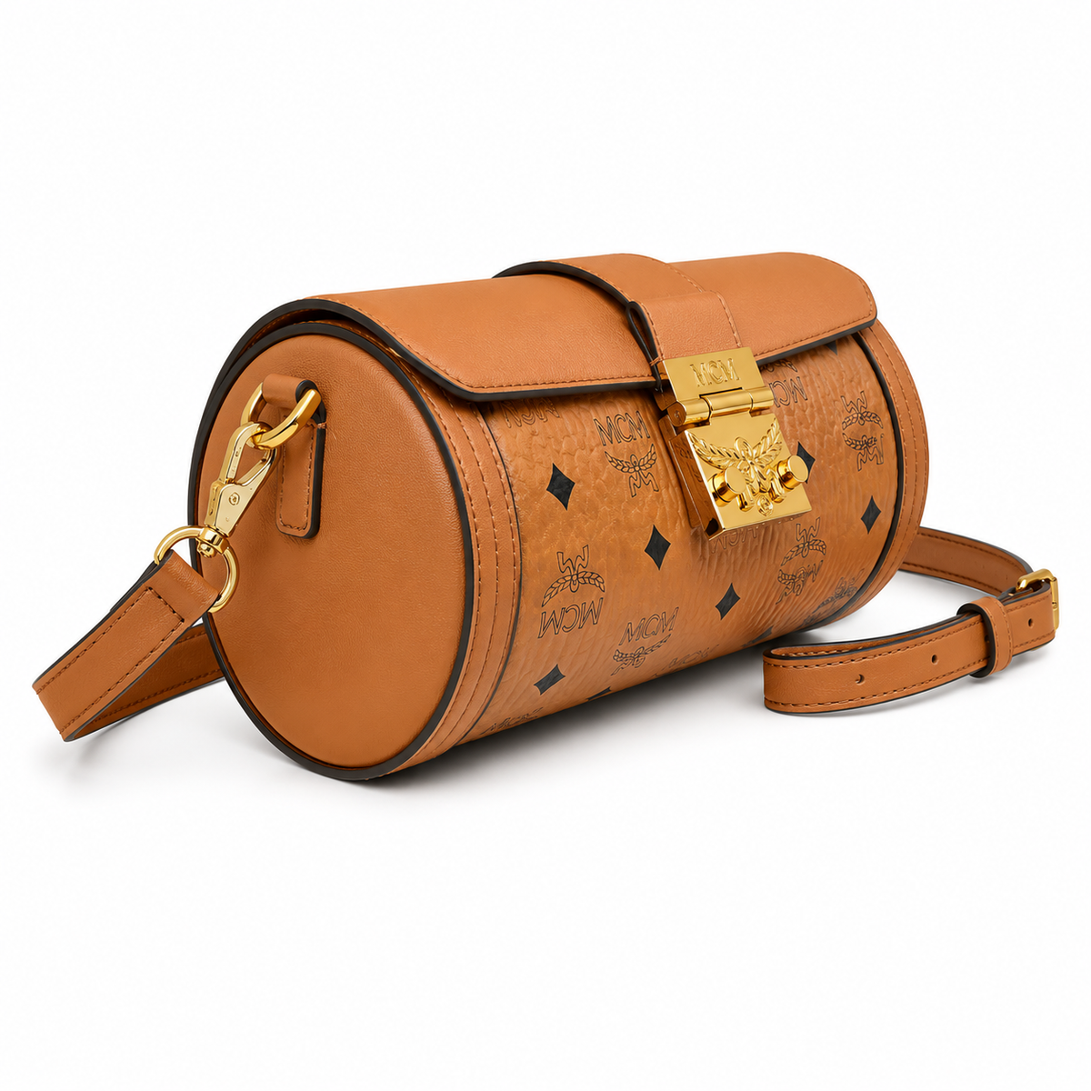MCM monogram canvas with gold laurel leaf clasp, adjustable shoulder strap, versatile women's bag for single shoulder or crossbody wear.