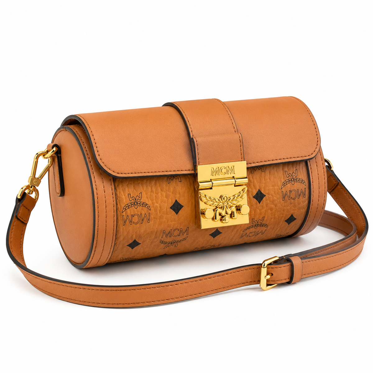 MCM monogram canvas with gold laurel leaf clasp, adjustable shoulder strap, versatile women's bag for single shoulder or crossbody wear.