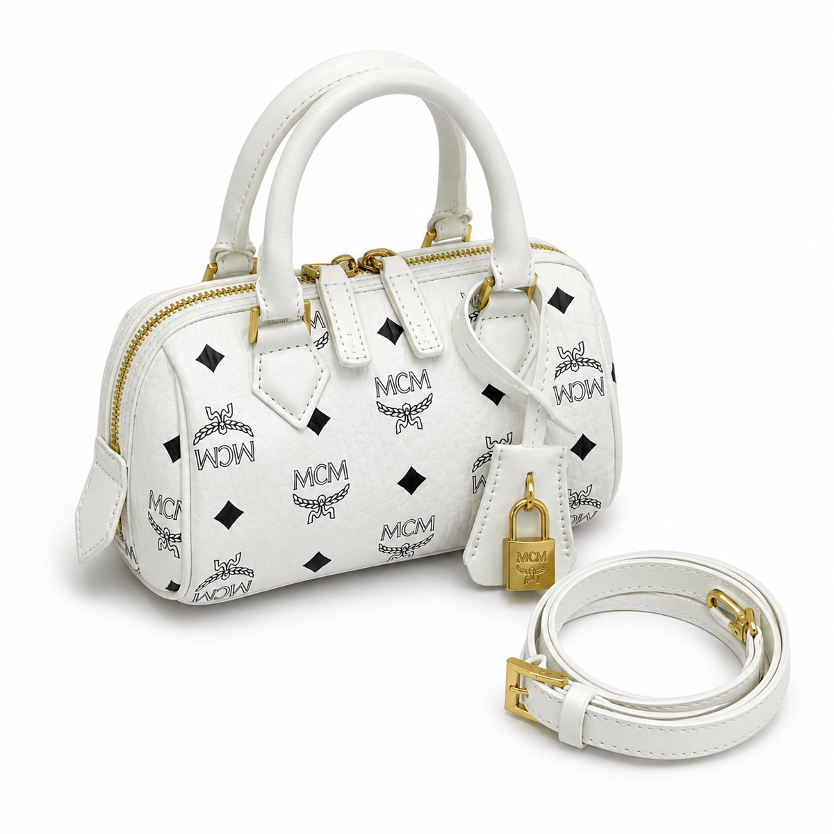 MCM monogram canvas with gold laurel leaf clasp detachable shoulder strap handbag crossbody bag multi-purpose