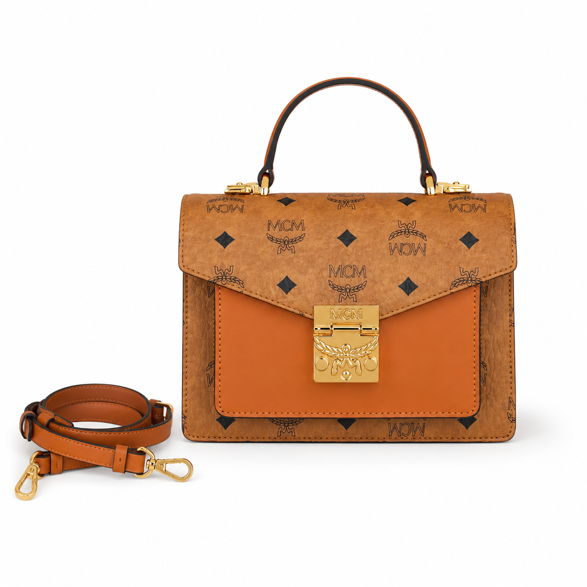 MCM monogram canvas with gold laurel leaf clasp, adjustable shoulder strap, handbag, crossbody, multi-purpose women's bag.