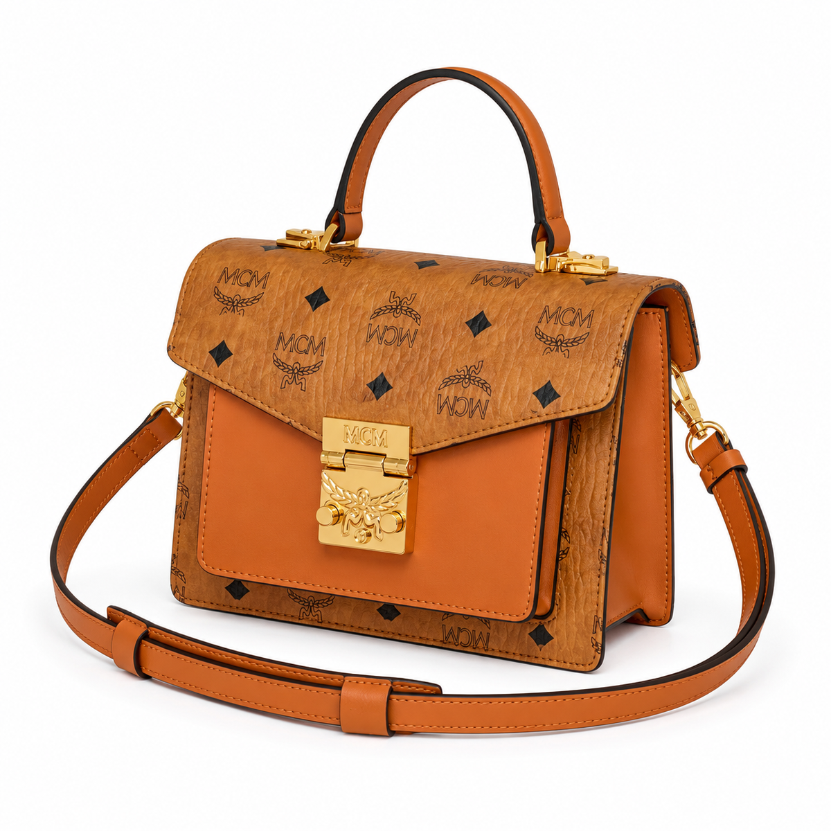 MCM monogram canvas with gold laurel leaf clasp, adjustable shoulder strap, handbag, crossbody, multi-purpose women's bag.