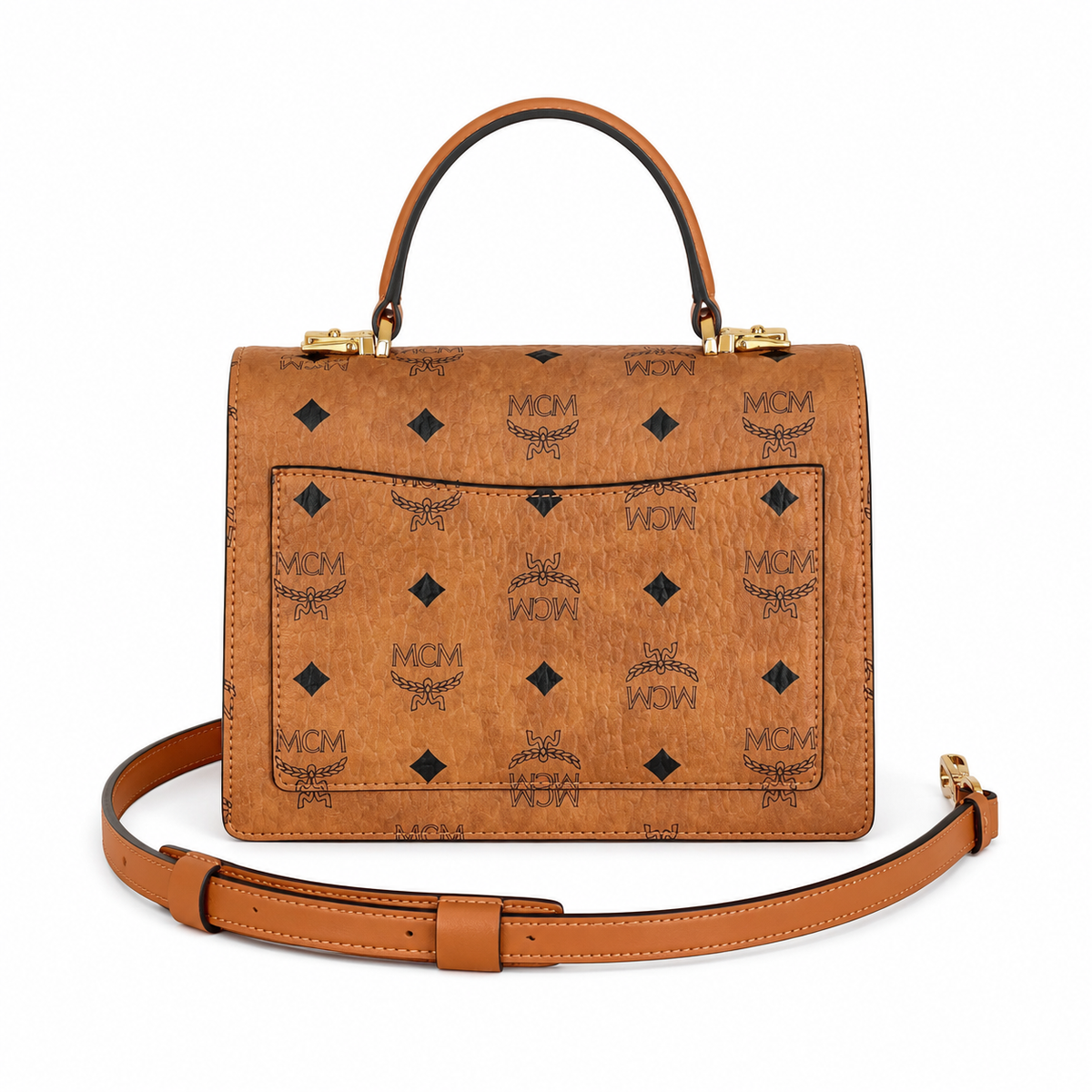 MCM monogram canvas with gold laurel leaf clasp, adjustable shoulder strap, handbag, crossbody, multi-purpose women's bag.