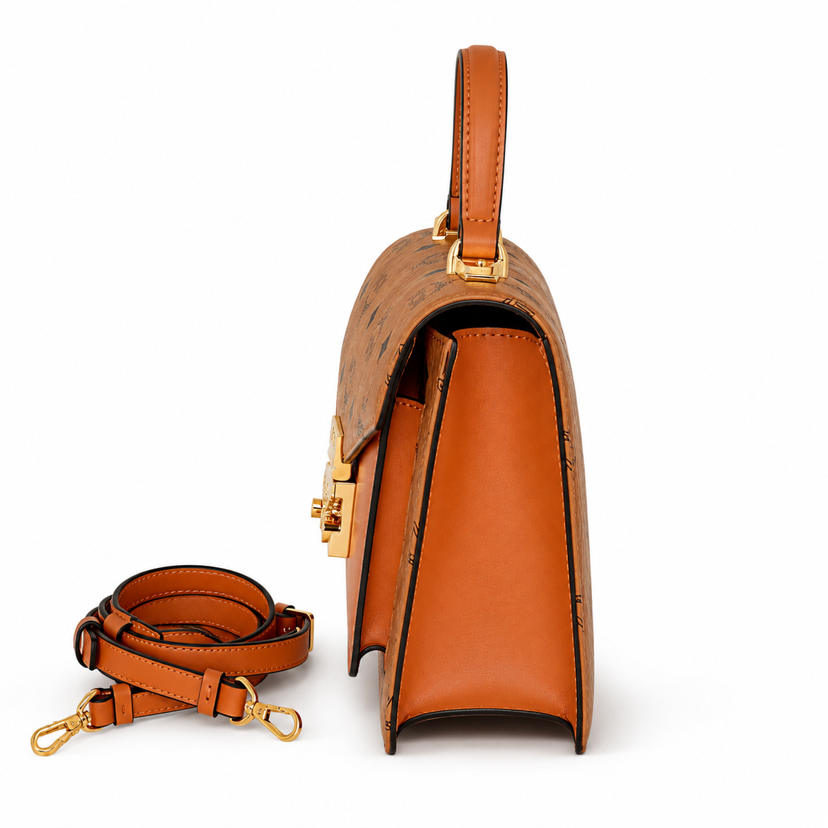 MCM monogram canvas with gold laurel leaf clasp, adjustable shoulder strap, handbag, crossbody, multi-purpose women's bag.