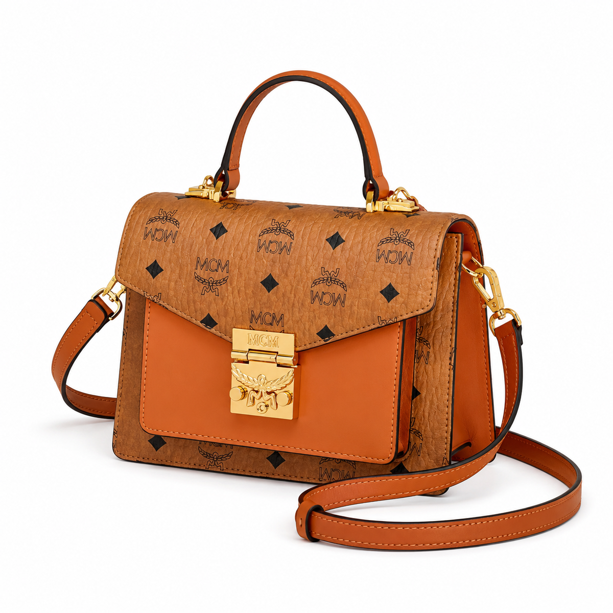 MCM monogram canvas with gold laurel leaf clasp, adjustable shoulder strap, handbag, crossbody, multi-purpose women's bag.