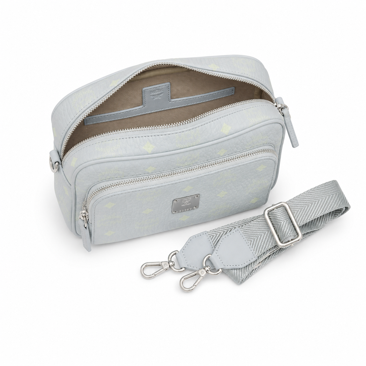 MCM silver nameplate adjustable webbing shoulder strap multi-purpose women's bag for single shoulder or crossbody wear