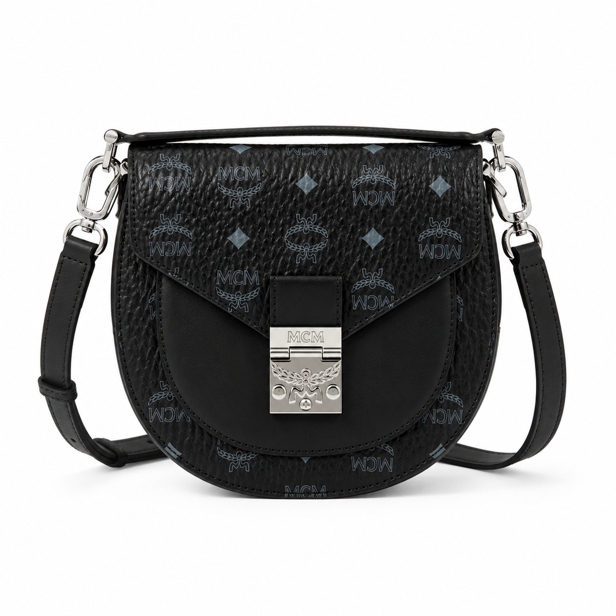 MCM black full-print lettering silver buckle adjustable shoulder strap tote bag shoulder bag crossbody bag