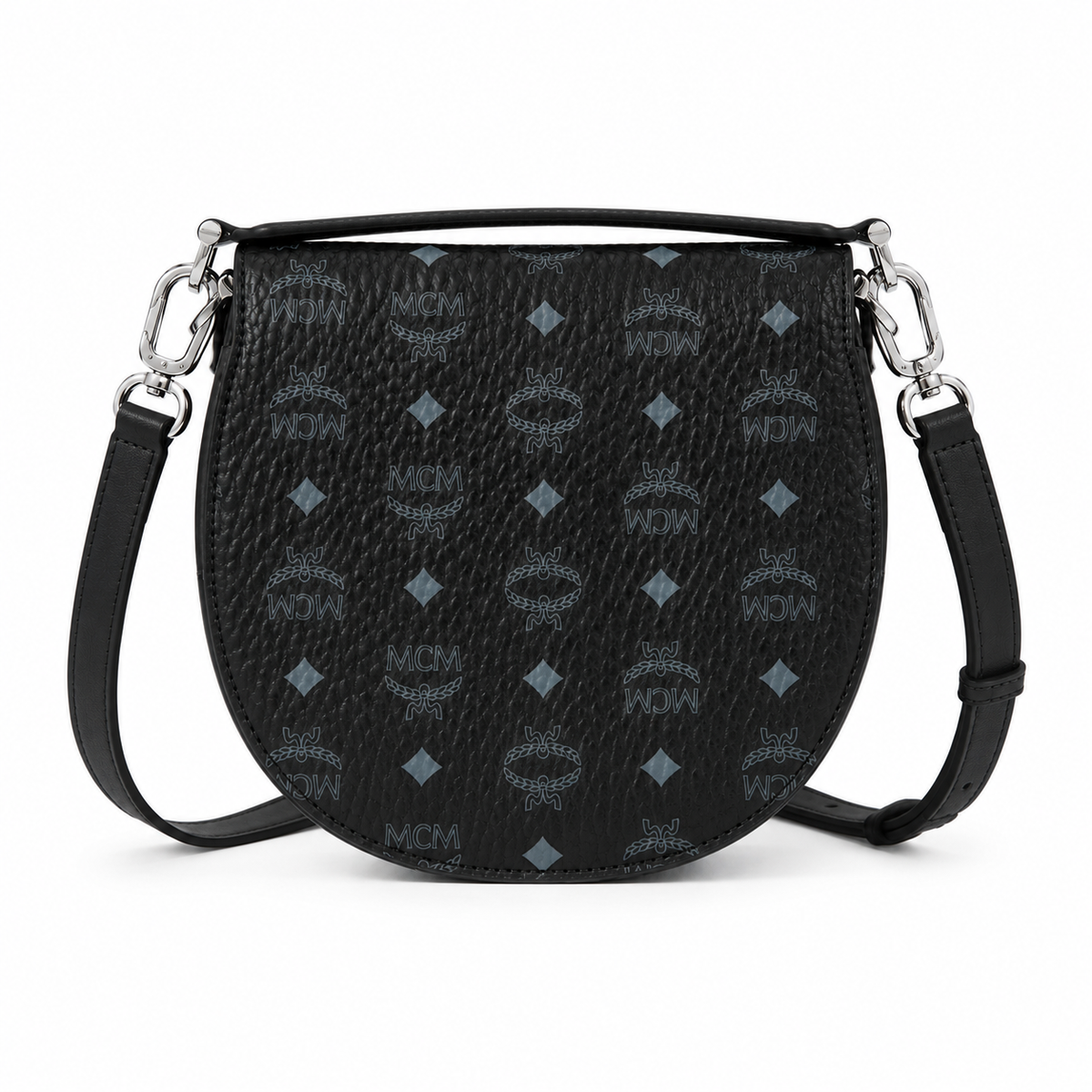 MCM black full-print lettering silver buckle adjustable shoulder strap tote bag shoulder bag crossbody bag