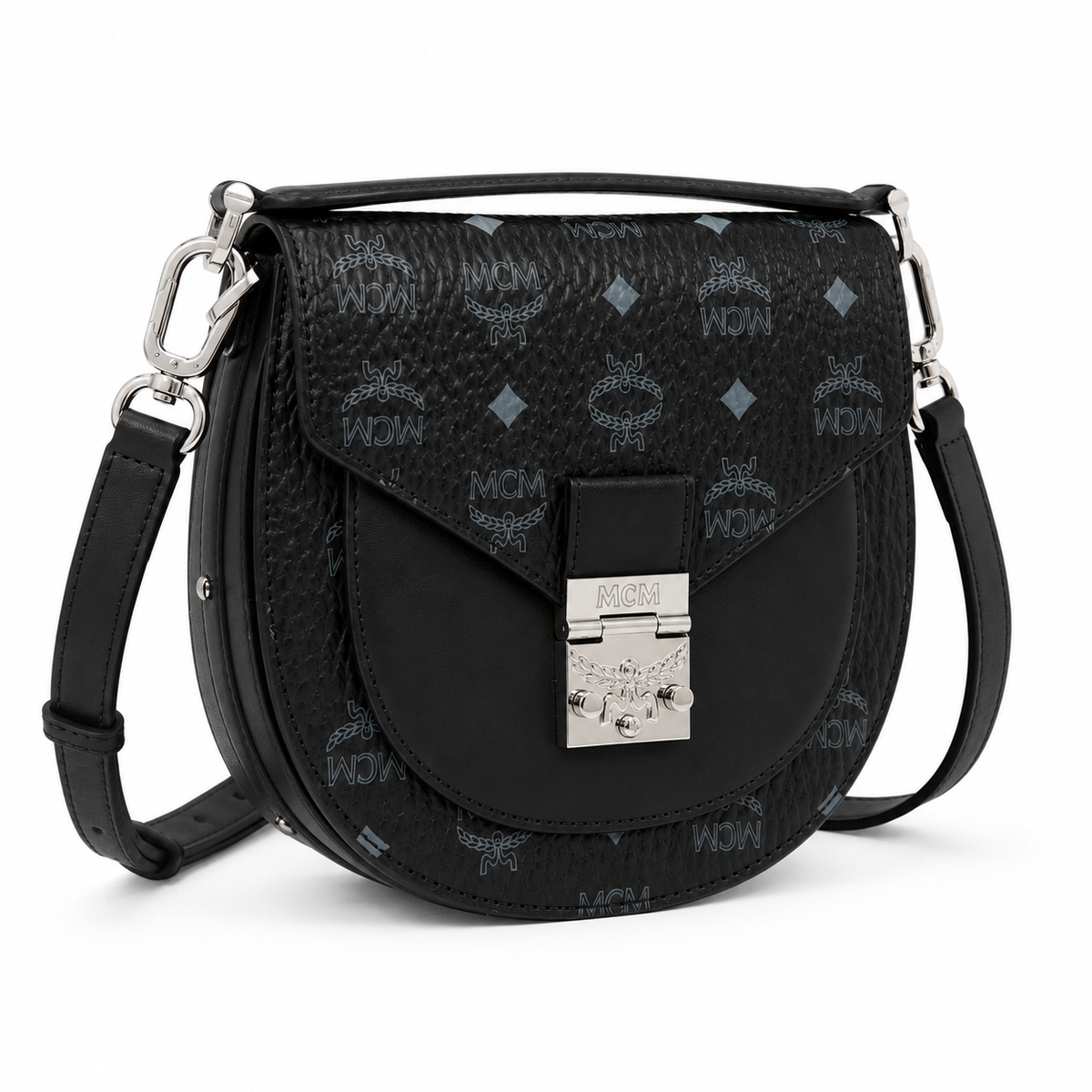 MCM black full-print lettering silver buckle adjustable shoulder strap tote bag shoulder bag crossbody bag