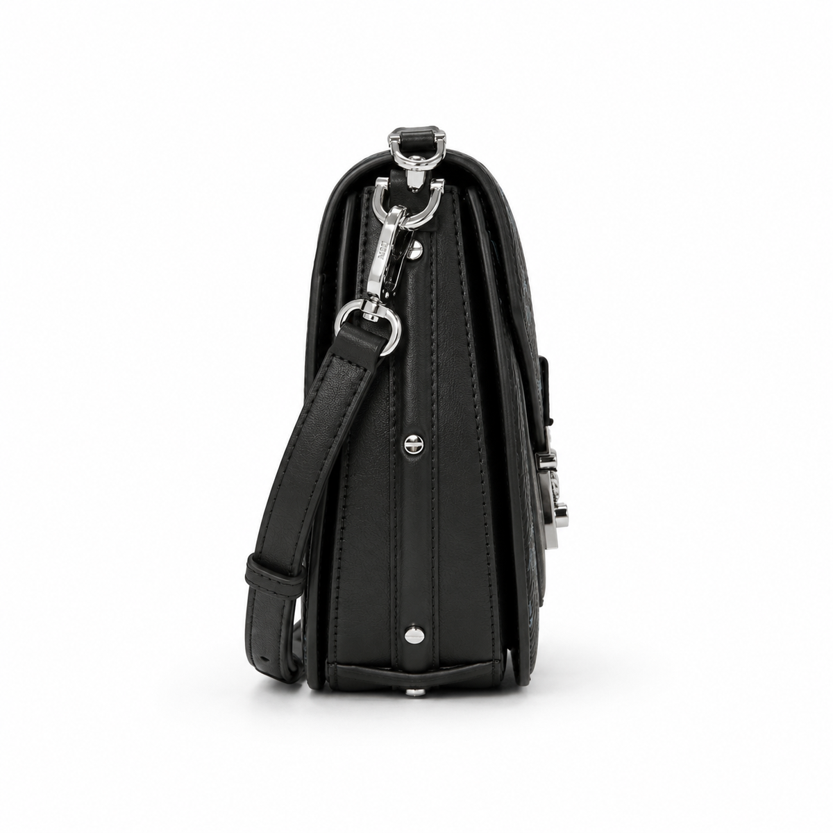 MCM black full-print lettering silver buckle adjustable shoulder strap tote bag shoulder bag crossbody bag