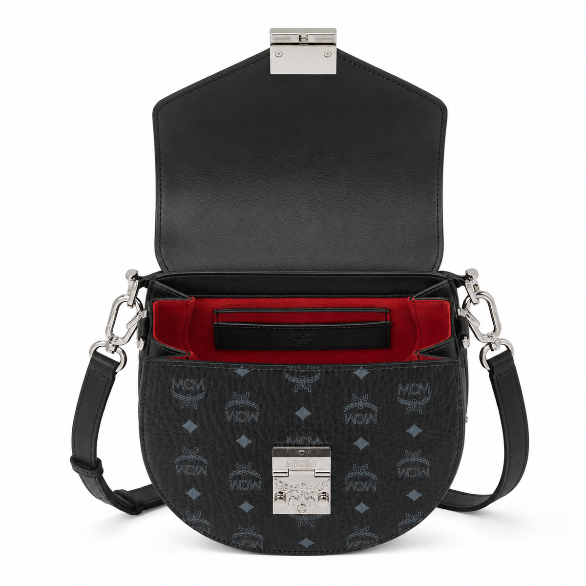 MCM black full-print lettering silver buckle adjustable shoulder strap tote bag shoulder bag crossbody bag