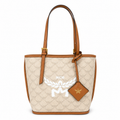 MCM beige laurel leaf with cognac-colored calfskin trim white logo and diamond pendant adjustable handle can be carried by hand over the shoulder or crossbody