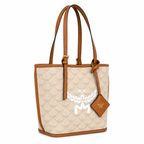 MCM beige laurel leaf with cognac-colored calfskin trim white logo and diamond pendant adjustable handle can be carried by hand over the shoulder or crossbody