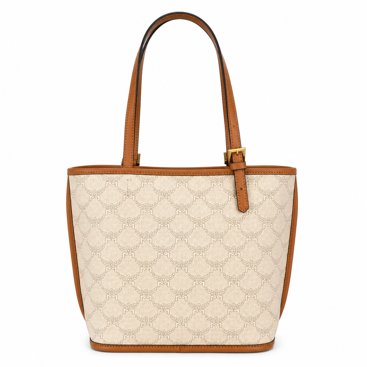 MCM beige laurel leaf with cognac-colored calfskin trim white logo and diamond pendant adjustable handle can be carried by hand over the shoulder or crossbody