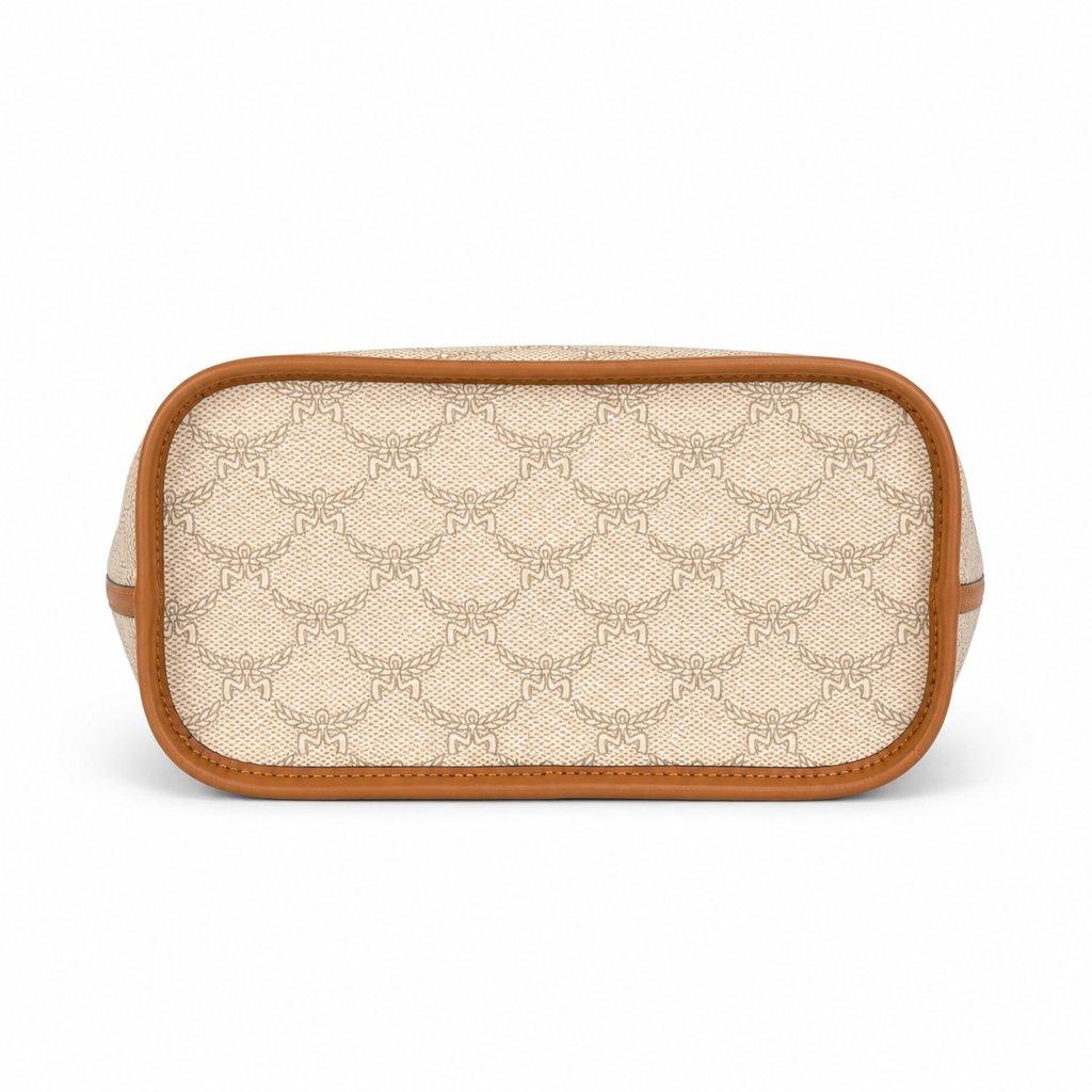 MCM beige laurel leaf with cognac-colored calfskin trim white logo and diamond pendant adjustable handle can be carried by hand over the shoulder or crossbody