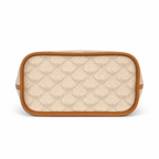 MCM beige laurel leaf with cognac-colored calfskin trim white logo and diamond pendant adjustable handle can be carried by hand over the shoulder or crossbody