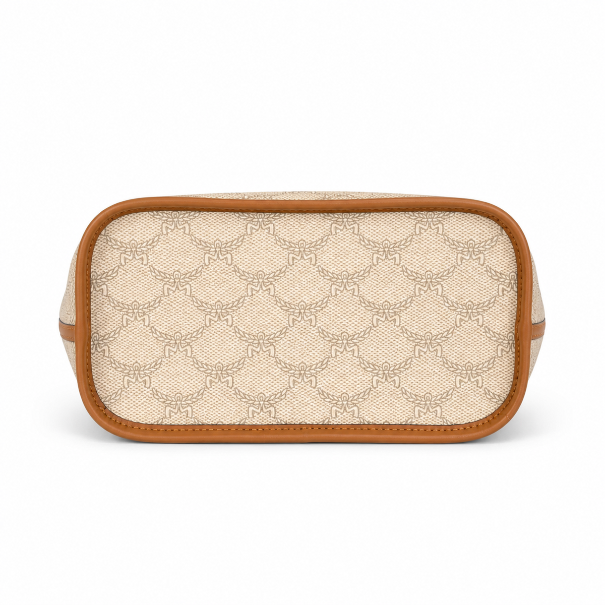 MCM beige laurel leaf with cognac-colored calfskin trim white logo and diamond pendant adjustable handle can be carried by hand over the shoulder or crossbody