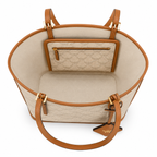 MCM beige laurel leaf with cognac-colored calfskin trim white logo and diamond pendant adjustable handle can be carried by hand over the shoulder or crossbody