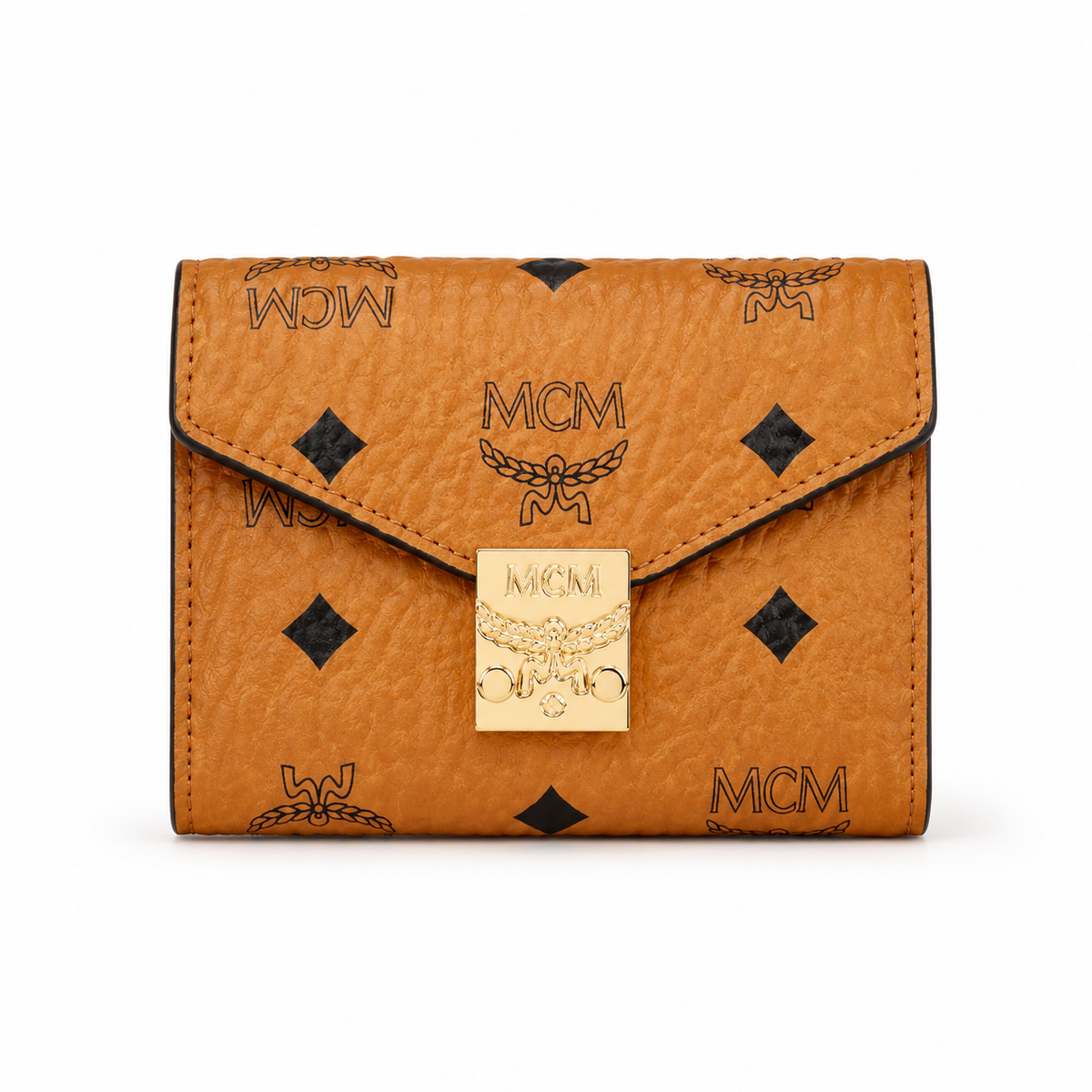MCM cognac-colored all-over print + gold clasp multi-card slot zippered clutch for women