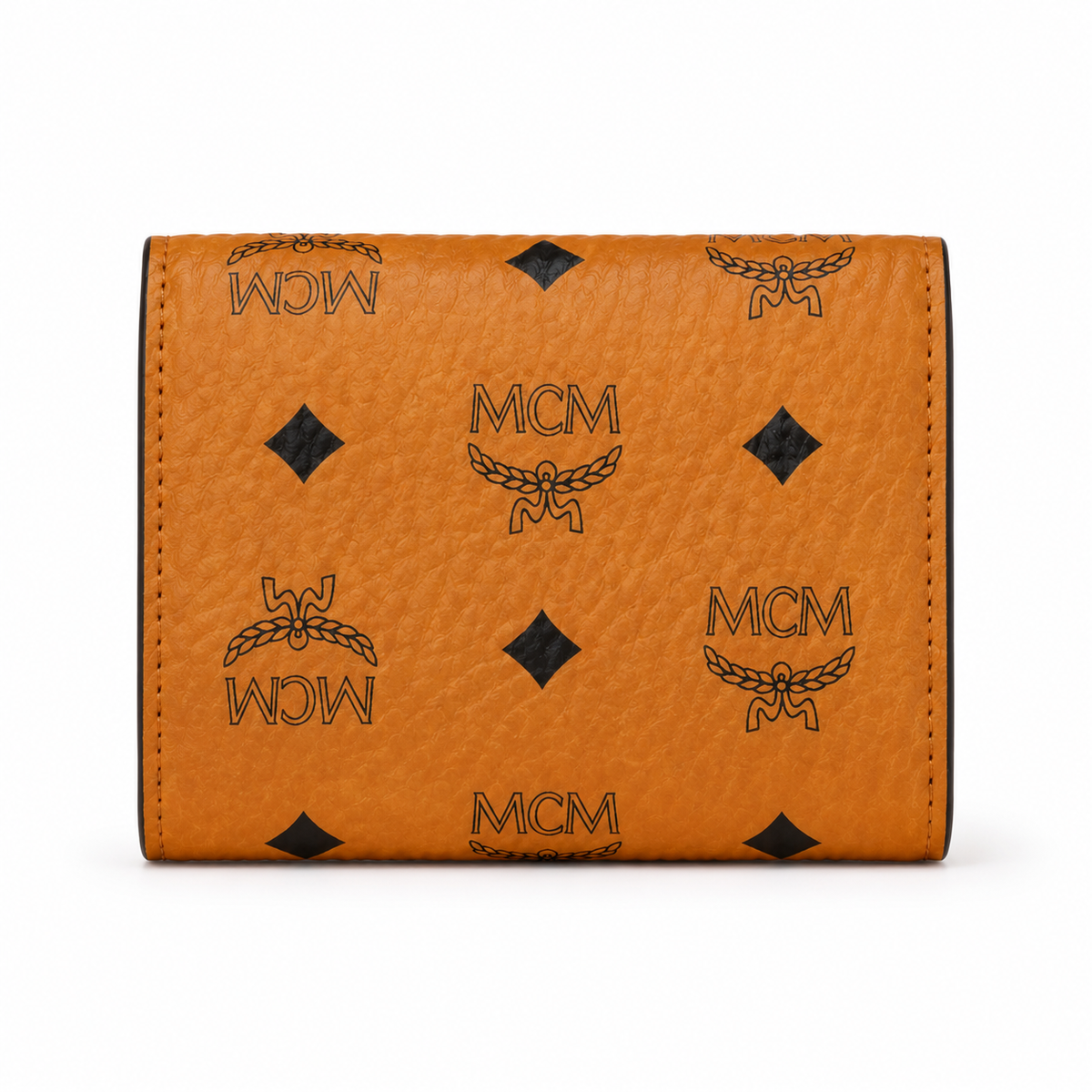 MCM cognac-colored all-over print + gold clasp multi-card slot zippered clutch for women