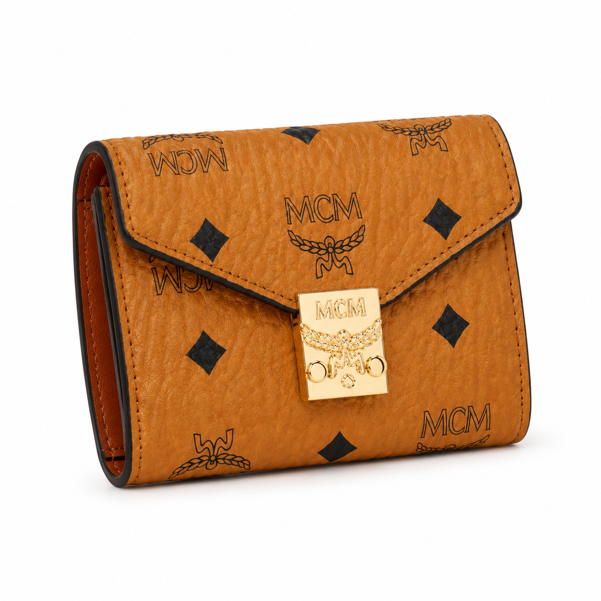 MCM cognac-colored all-over print + gold clasp multi-card slot zippered clutch for women