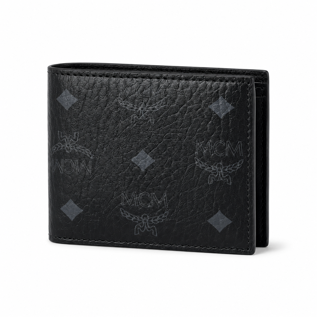 MCM Black Monogram Clutch with Multiple Card Slots and ID Window featuring the classic laurel leaf logo