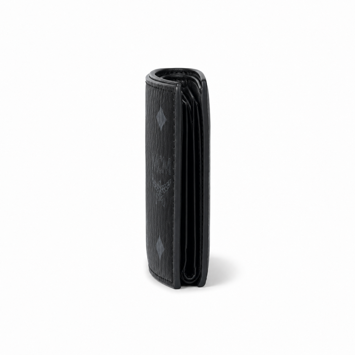MCM Black Monogram Clutch with Multiple Card Slots and ID Window featuring the classic laurel leaf logo
