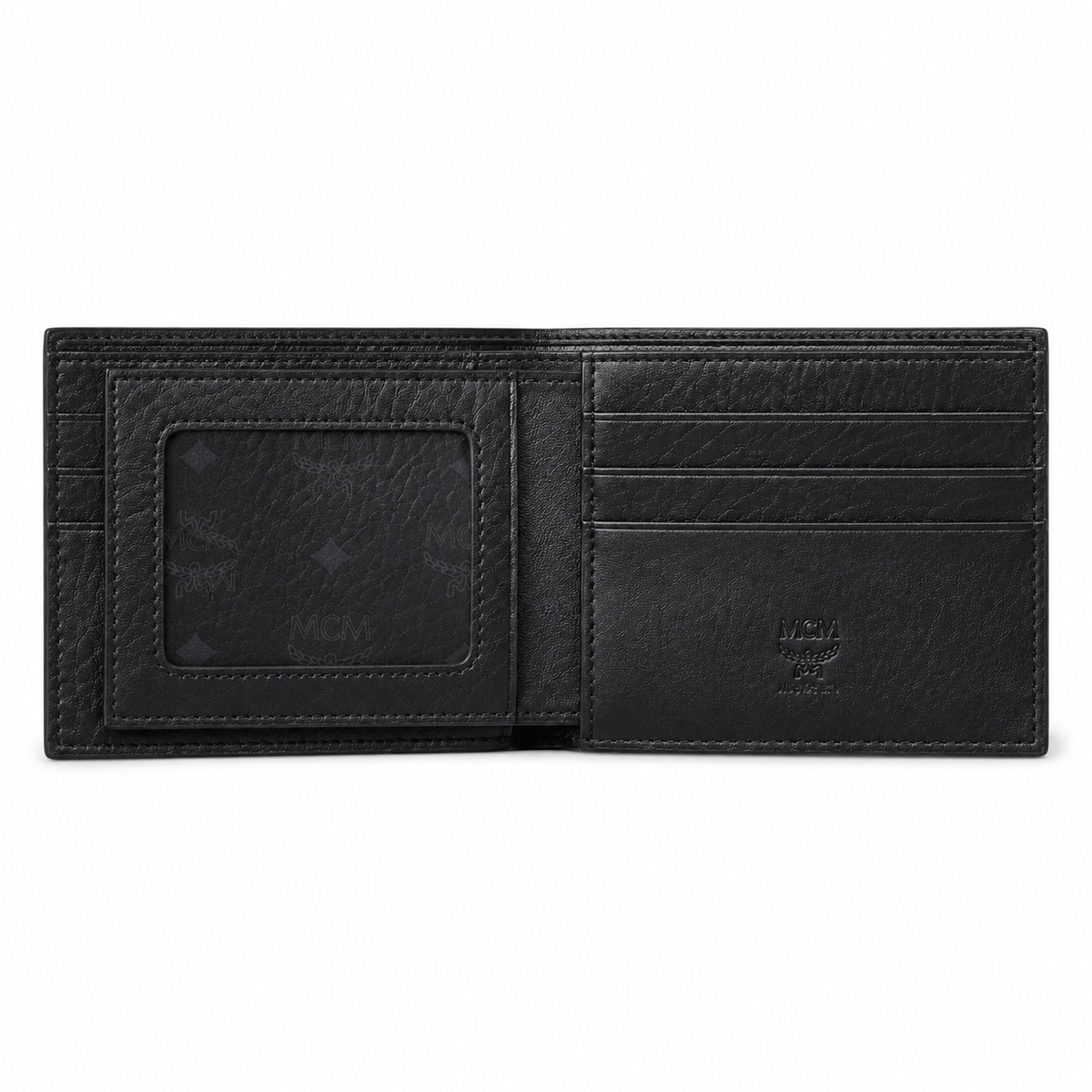 MCM Black Monogram Clutch with Multiple Card Slots and ID Window featuring the classic laurel leaf logo