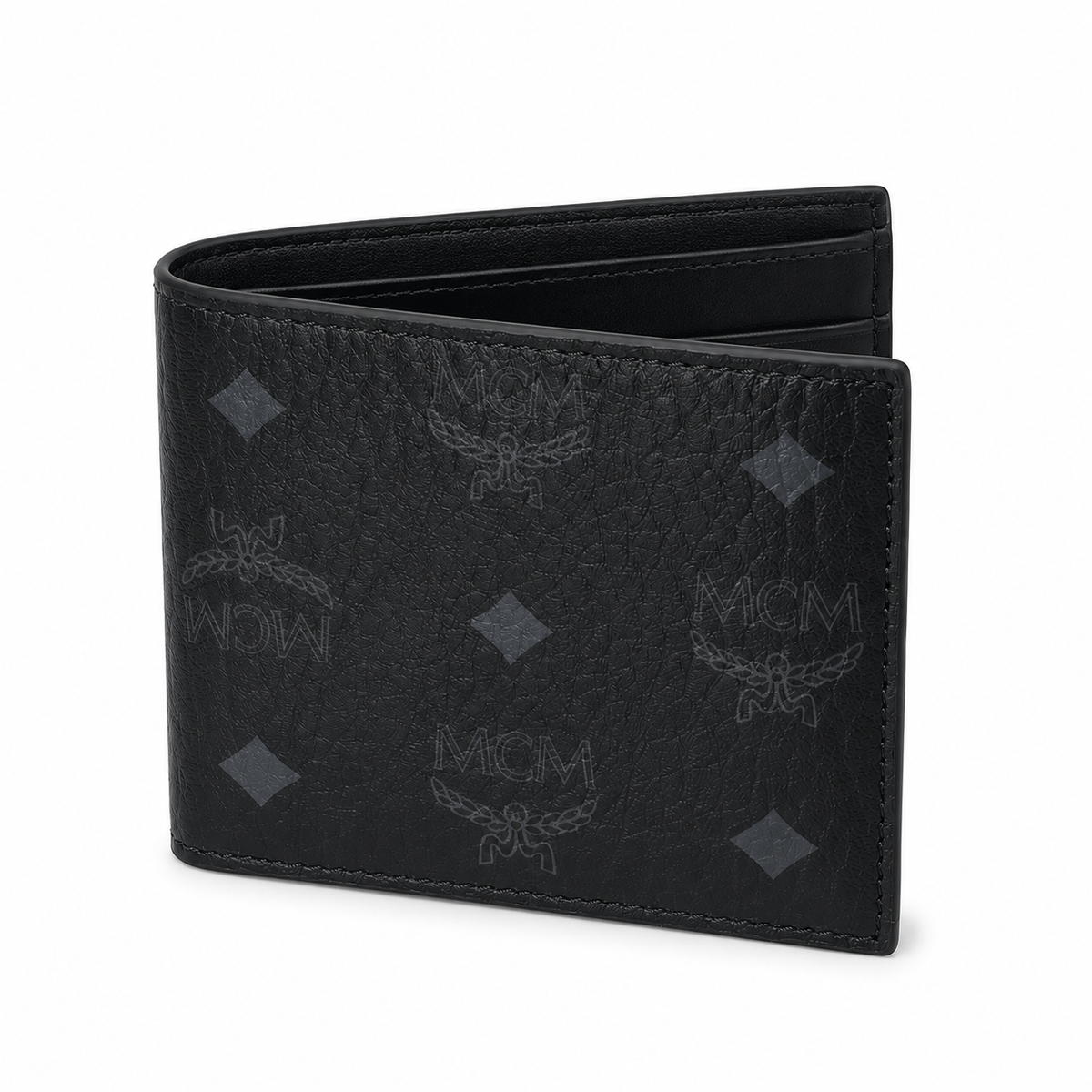 MCM Black Monogram Clutch with Multiple Card Slots and ID Window featuring the classic laurel leaf logo
