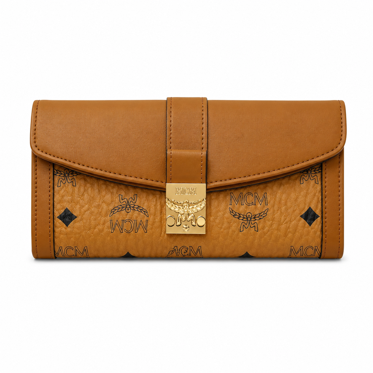 MCM Cognac-colored all-over print with gold clasp multi-card slot zippered clutch for women