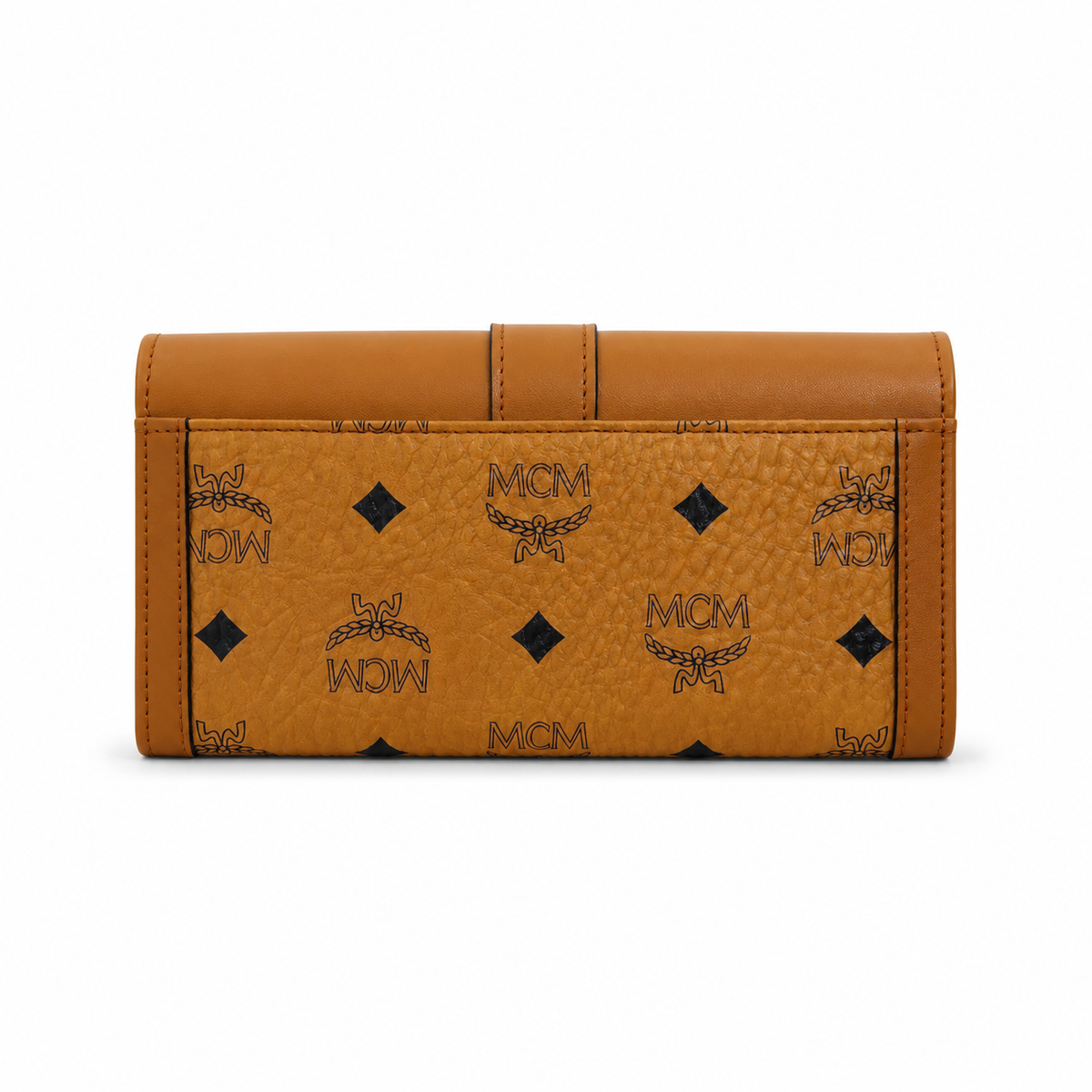 MCM Cognac-colored all-over print with gold clasp multi-card slot zippered clutch for women