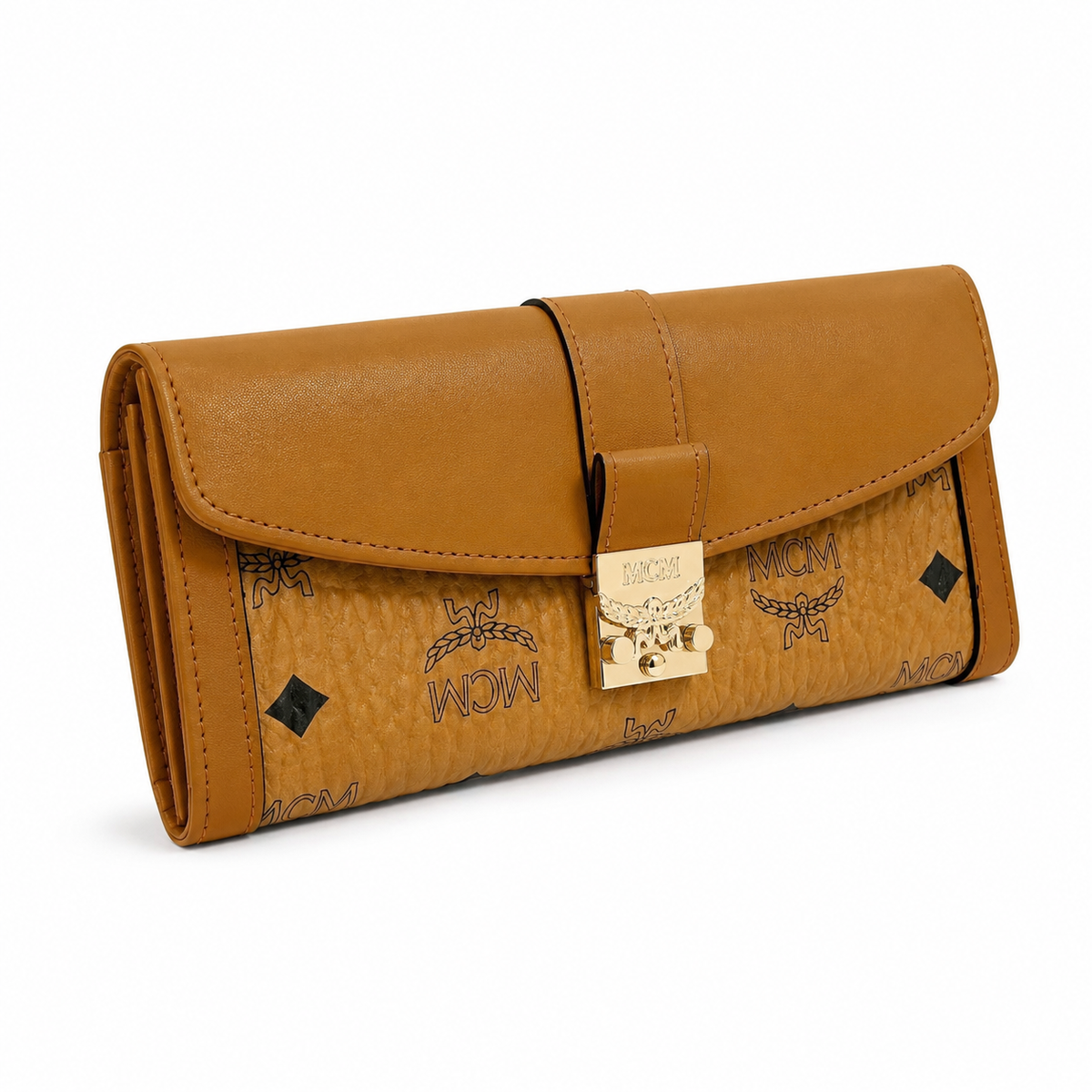 MCM Cognac-colored all-over print with gold clasp multi-card slot zippered clutch for women