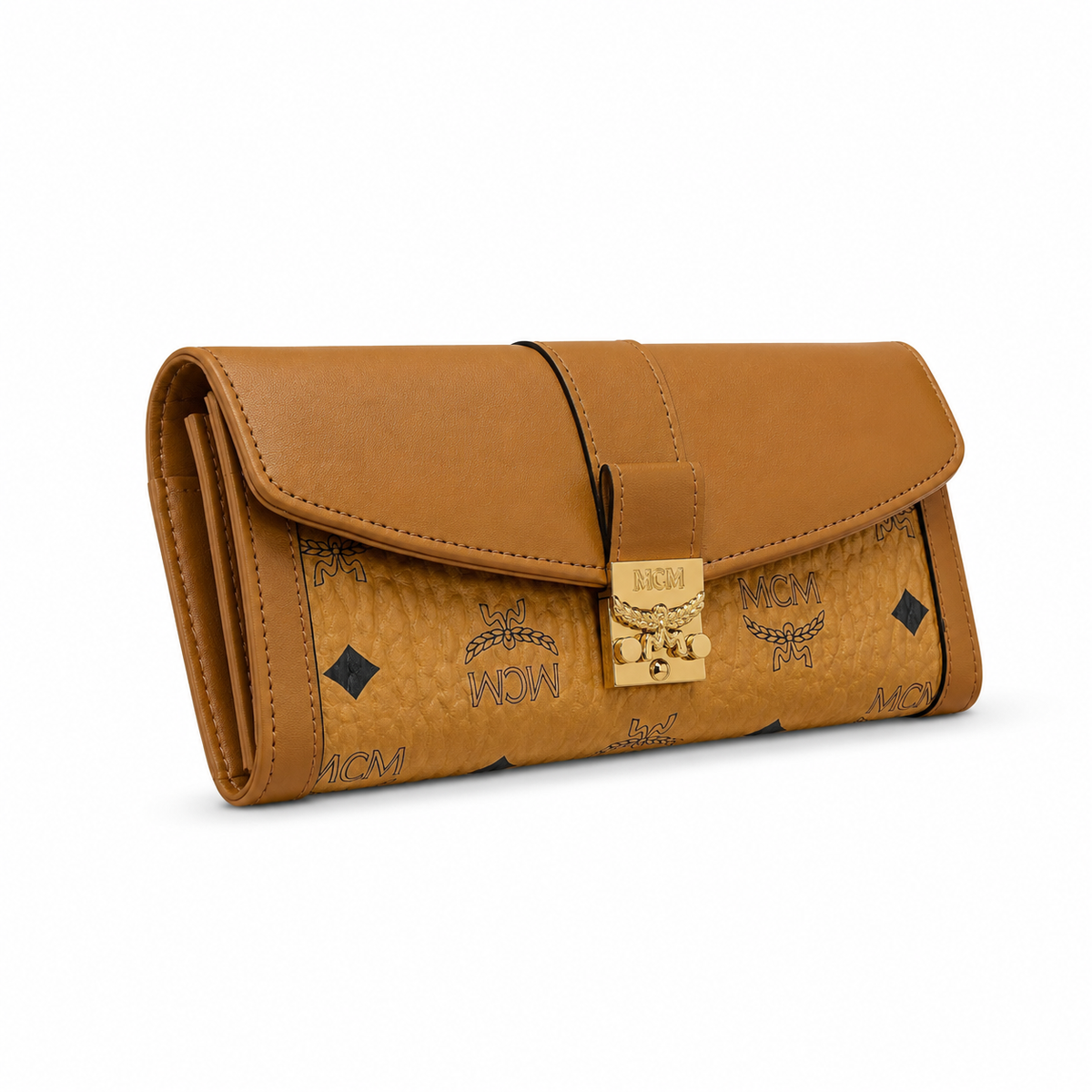MCM Cognac-colored all-over print with gold clasp multi-card slot zippered clutch for women